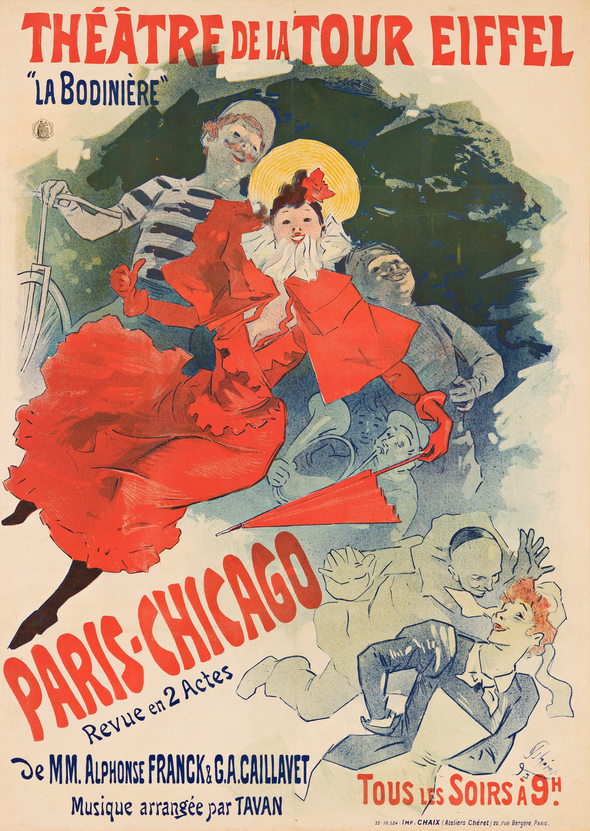 JULES CHÉRET (1836-1932).  THÉÂTRE DE LA TOUR EIFFEL / PARIS - CHICAGO. 1893. 47½x34½ inches, 120½x87½ cm. Chaix Paris.